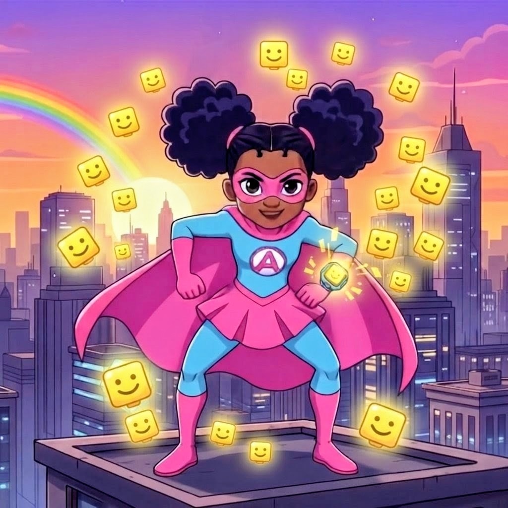 Super Alyssa superhero standing on a rooftop with Nano Bots and a rainbow